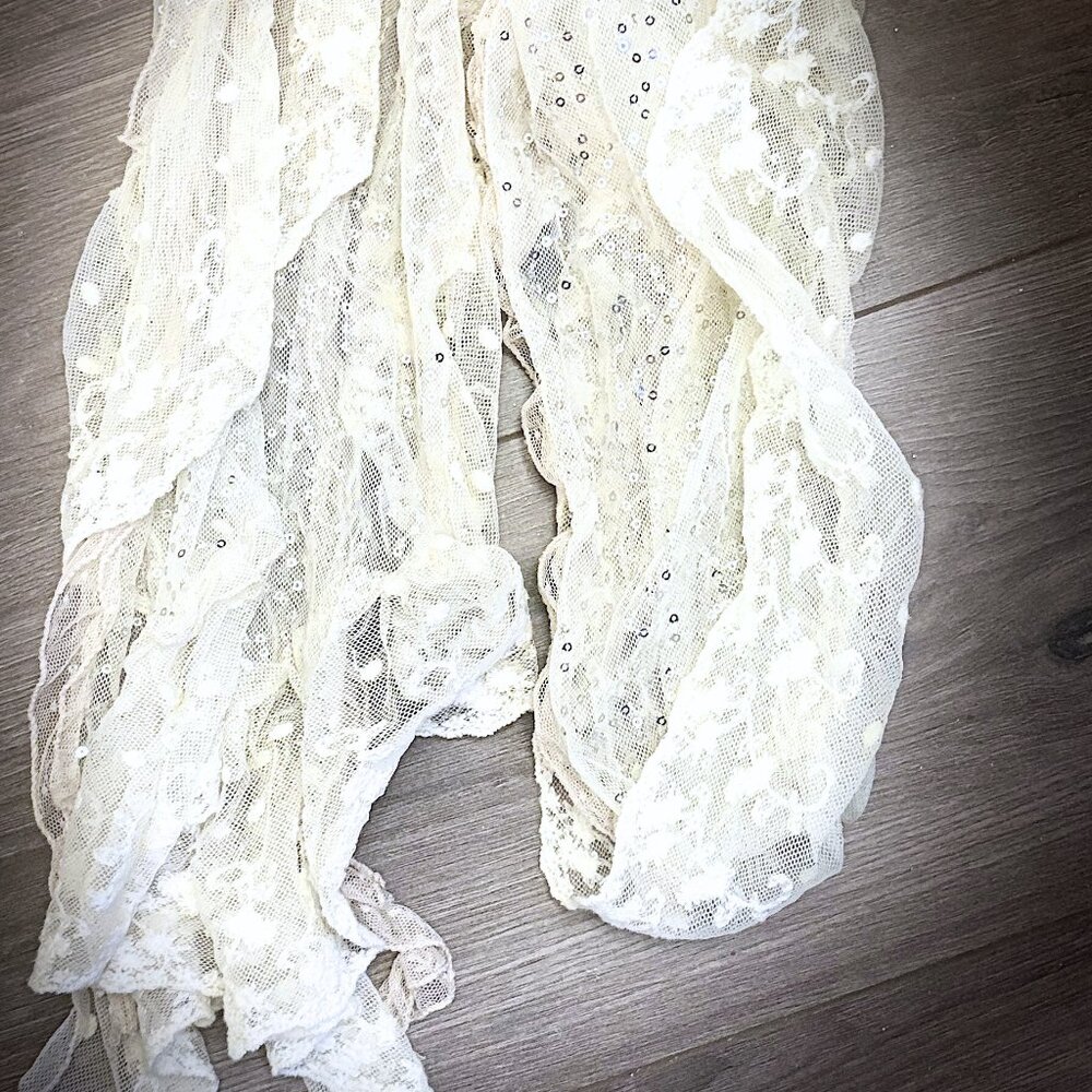 Ivory Lace Sequin Scarf Wrap Sheer Floral Shawl Boho Romantic